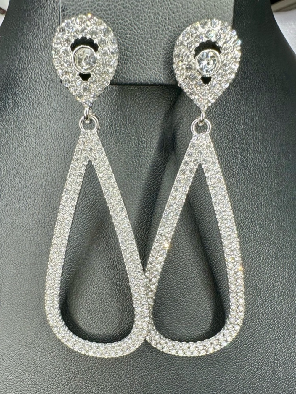 Silver Tone Rhinestone Teardrop Dangle Earrings Statement Vintage Style